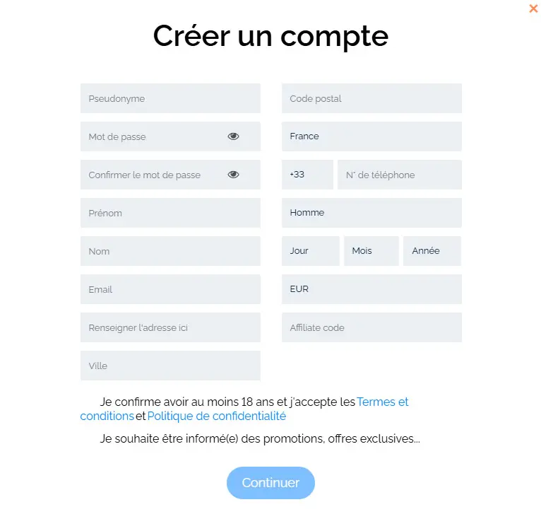 Processus d'inscription NINE CASINO